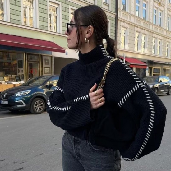 Women's Autumn Crew Neck Knit Sweater - Warm Versatile Chic Color Block Patchwork Jumper