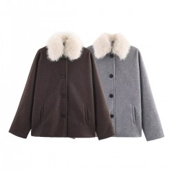 Women's Autumn Winter EU-US Style Detachable Faux Fur Collar Wool Blend Jacket
