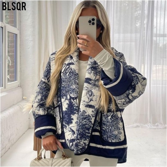 Women's EU-US Autumn Winter Printed Double-Pocket Padded Coat - Short Versatile Style