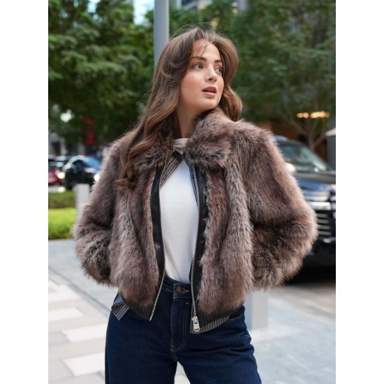 Women's Winter EU-US Style Lapel Long Sleeve Faux Fur Patchwork Jacket