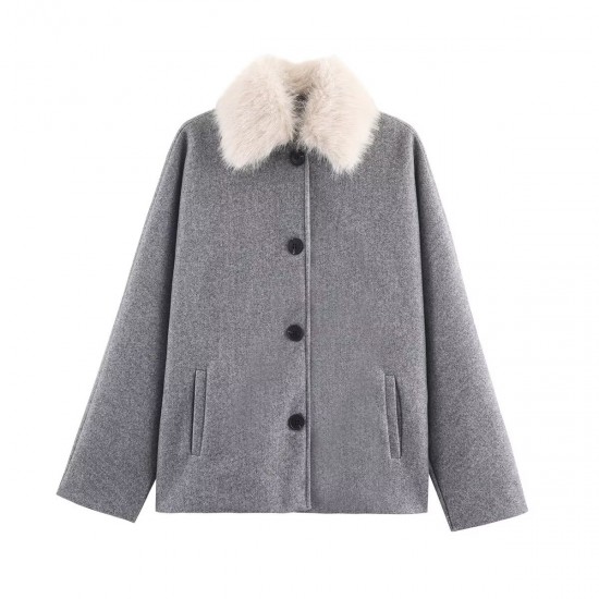 Women's Autumn Winter EU-US Style Detachable Faux Fur Collar Wool Blend Jacket