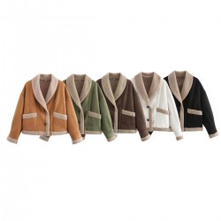 Autumn Winter Women's American Retro Wool Blend Jacket Lapel Loose Fur Lined Leather Top