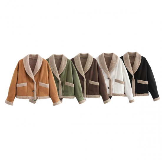 Autumn Winter Women's American Retro Wool Blend Jacket Lapel Loose Fur Lined Leather Top