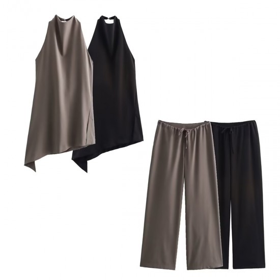 Women's EU-US Style Halter Neck Minimalist Top + Mid-Waist Loose Pants Set