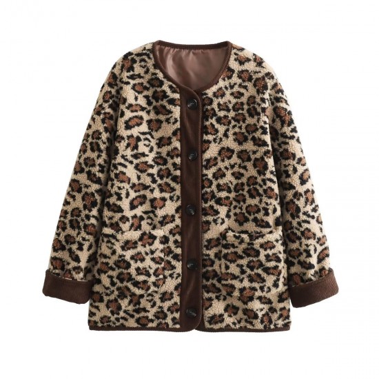 Women's Autumn Winter American Leopard Print Casual Loose Long Sleeve Jacket