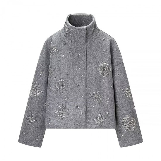 Women's Winter EU-US Style Printed Sequin-Detail Wool Blend Jacket