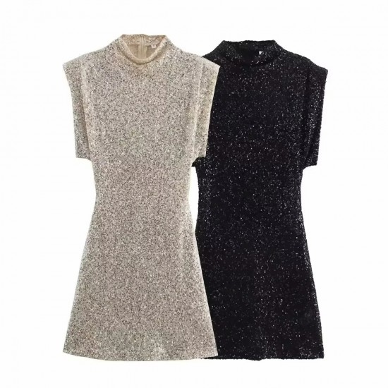 New EU-US Summer Women's Crew Neck Sequin Slim Shoulder Pad Bodycon Dress