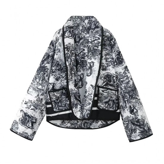 Women's EU-US Autumn Winter Printed Double-Pocket Padded Coat - Short Versatile Style