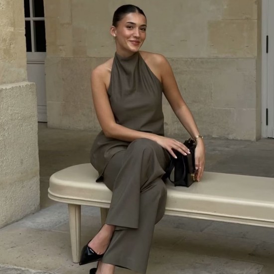 Women's EU-US Style Halter Neck Minimalist Top + Mid-Waist Loose Pants Set