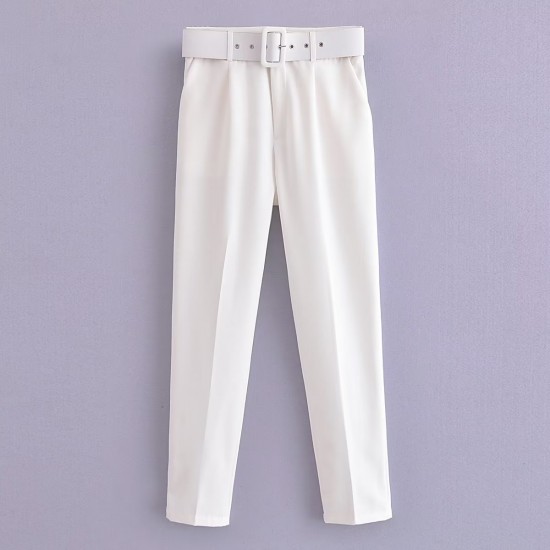 Women's New EU-US Style Slim-Fit High-Waist Casual Pants with Belt - Yellow Cropped Trousers
