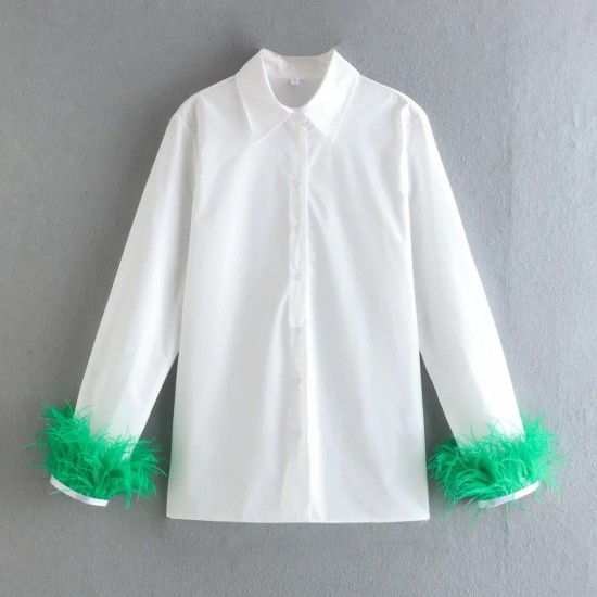 New Women's EU-US Style Long Sleeve Lapel Blouse with Feather Cuff Detail