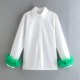 New Women's EU-US Style Long Sleeve Lapel Blouse with Feather Cuff Detail