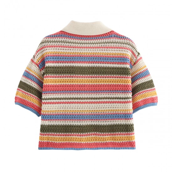 New EU-US Spring Crochet Polo Collar Knit Top + Shorts Set