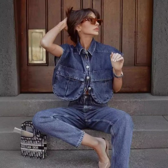 Women's Solid Color Big Pocket Sleeveless Premium Cardigan Polo Collar Denim Top