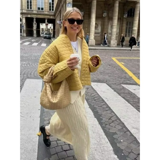 Women's Winter EU-US Style Crew Neck Long Sleeve Single-Breasted Plaid Padded Coat