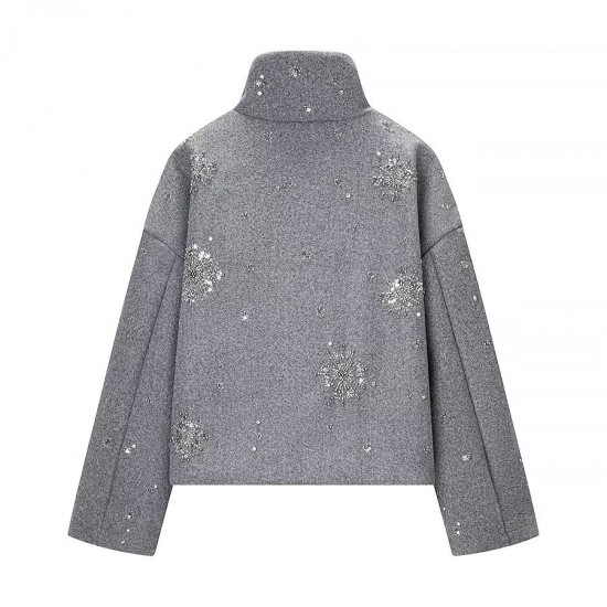 Women's Winter EU-US Style Printed Sequin-Detail Wool Blend Jacket