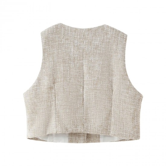 EU-US Fashion Metal Button Crew Neck Crop Vest + Belted Textured A-Line Shorts Set