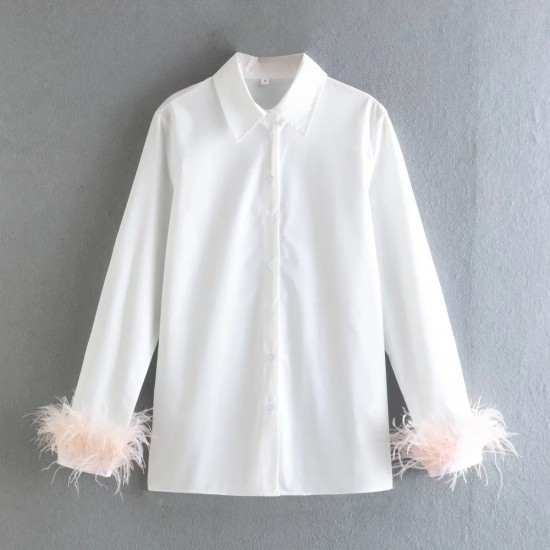 New Women's EU-US Style Long Sleeve Lapel Blouse with Feather Cuff Detail
