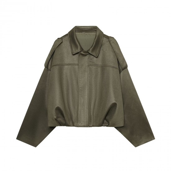 Spring Autumn EU-US Batwing Sleeve Zipper Loose Suede Texture Pilot Jacket - Women's Casual Top