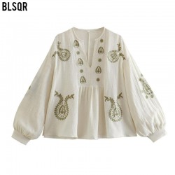 Y2K Women's Summer EU-US Style Loose Cotton Embroidered Blouse