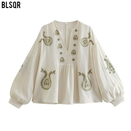 Y2K Women's Summer EU-US Style Loose Cotton Embroidered Blouse