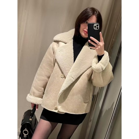New Autumn Winter EU-US Style Lapel Fur Lined Suede Fleece Lined Warm Jacket for Women