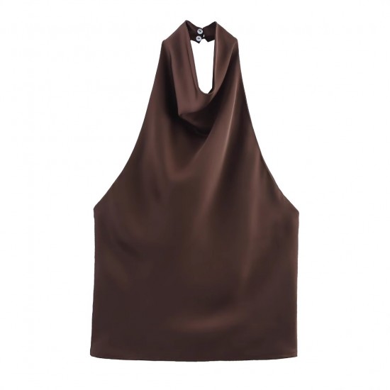 Women's Summer EU-US Style Satin Texture Backless Halter Solid Color Top