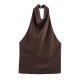 Women's Summer EU-US Style Satin Texture Backless Halter Solid Color Top