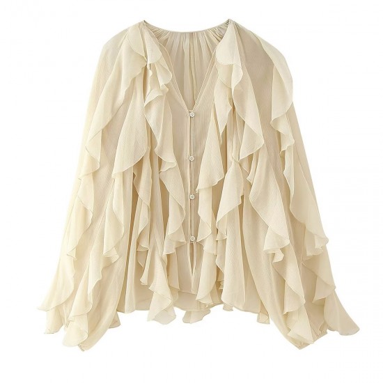 Women's Summer EU-US Style Fashion V-Neck Layered Ruffled Pleated Blouse