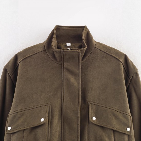 Women's Autumn Winter EU-US Fashion Loose Zipper-Detail Stand Collar Suede Jacket