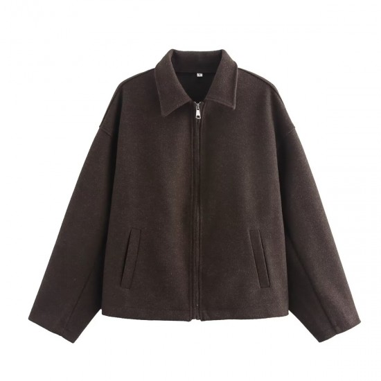 Autumn Fashion 3-Color Solid Oversized Zipper Wool Blend Jacket for Women