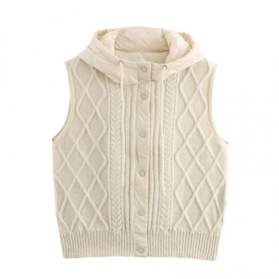 New Winter Women's EU-US Retro Cable Knit Quilted Patchwork Hooded Cardigan Vest