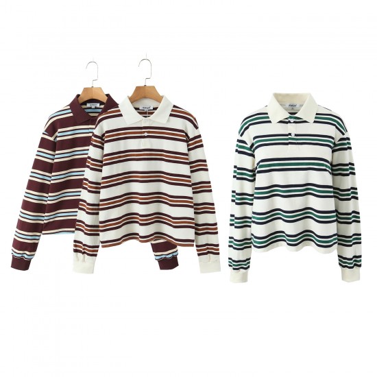 New Spring Autumn EU-US Fashion Retro Two-Tone Polo Collar Long Sleeve T-Shirt