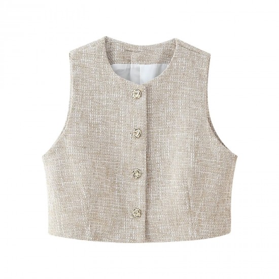 EU-US Fashion Metal Button Crew Neck Crop Vest + Belted Textured A-Line Shorts Set