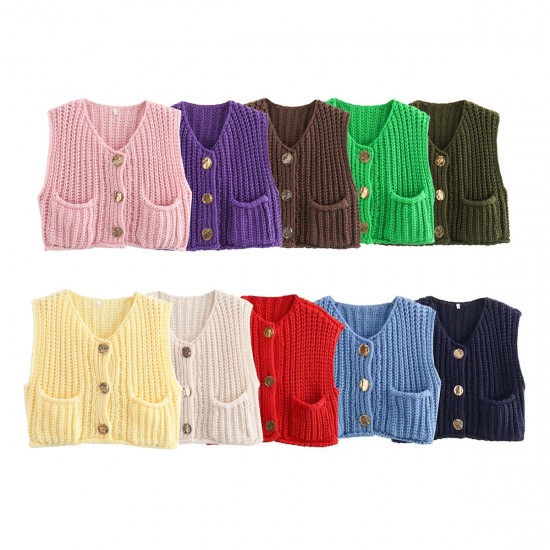 11-Color New Spring Autumn Women's EU-US Style Pocket Sleeveless Short Knit Cardigan Vest
