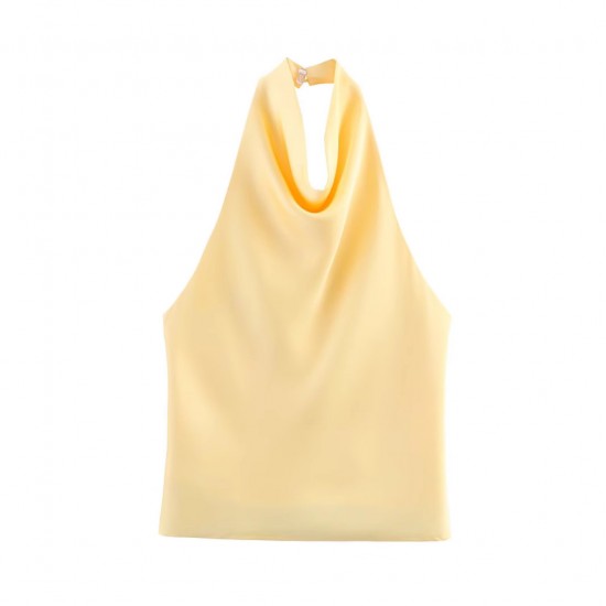 Women's Summer EU-US Style Satin Texture Backless Halter Solid Color Top