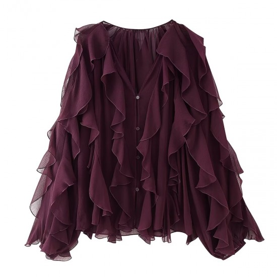 Women's Summer EU-US Style Fashion V-Neck Layered Ruffled Pleated Blouse