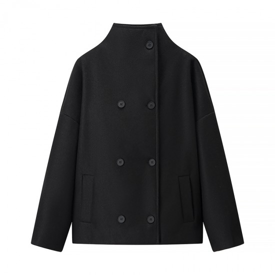 Women's Autumn Winter EU-US Style Stand Collar Double-Breasted Solid Color Wool Blend Coat