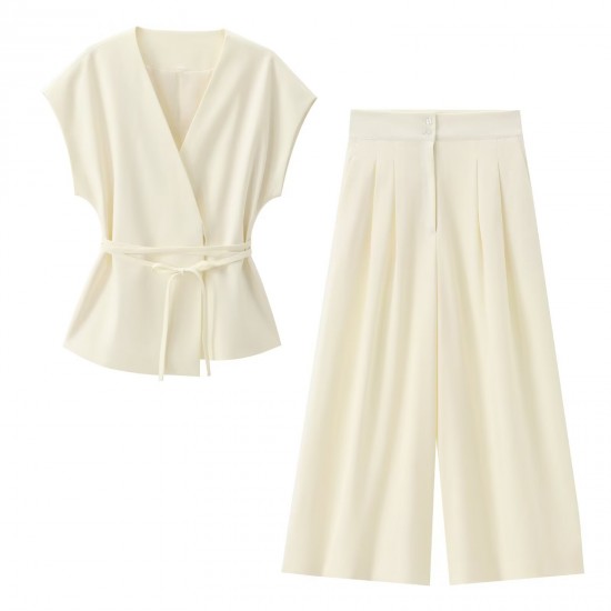 Women's Summer EU-US Style V-Neck Tie Top + Pleated Pants Set