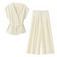 Women's Summer EU-US Style V-Neck Tie Top + Pleated Pants Set