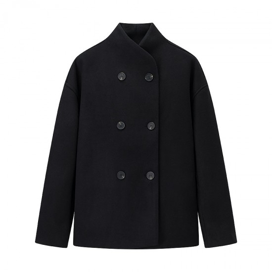 Women's New Autumn Winter Fashion Elegant Loose V-Neck Double-Breasted Wool Blend Coat